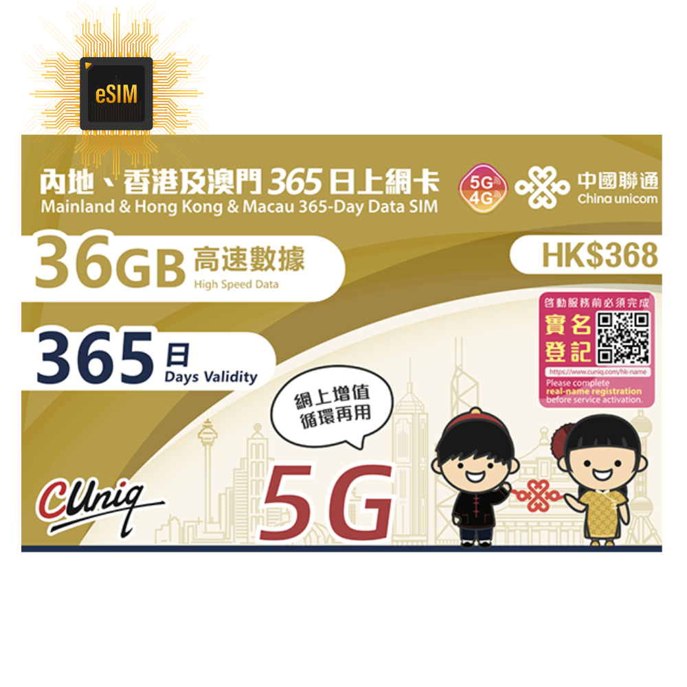 【eSim】 中港澳【365日36GB】 5G 網速