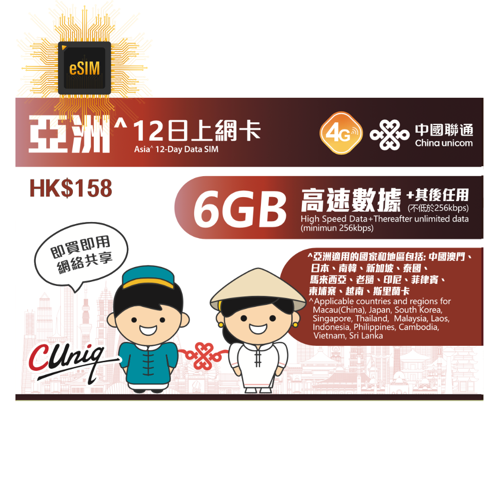 【eSim】 Asia【12 days 6GB】 4G speed