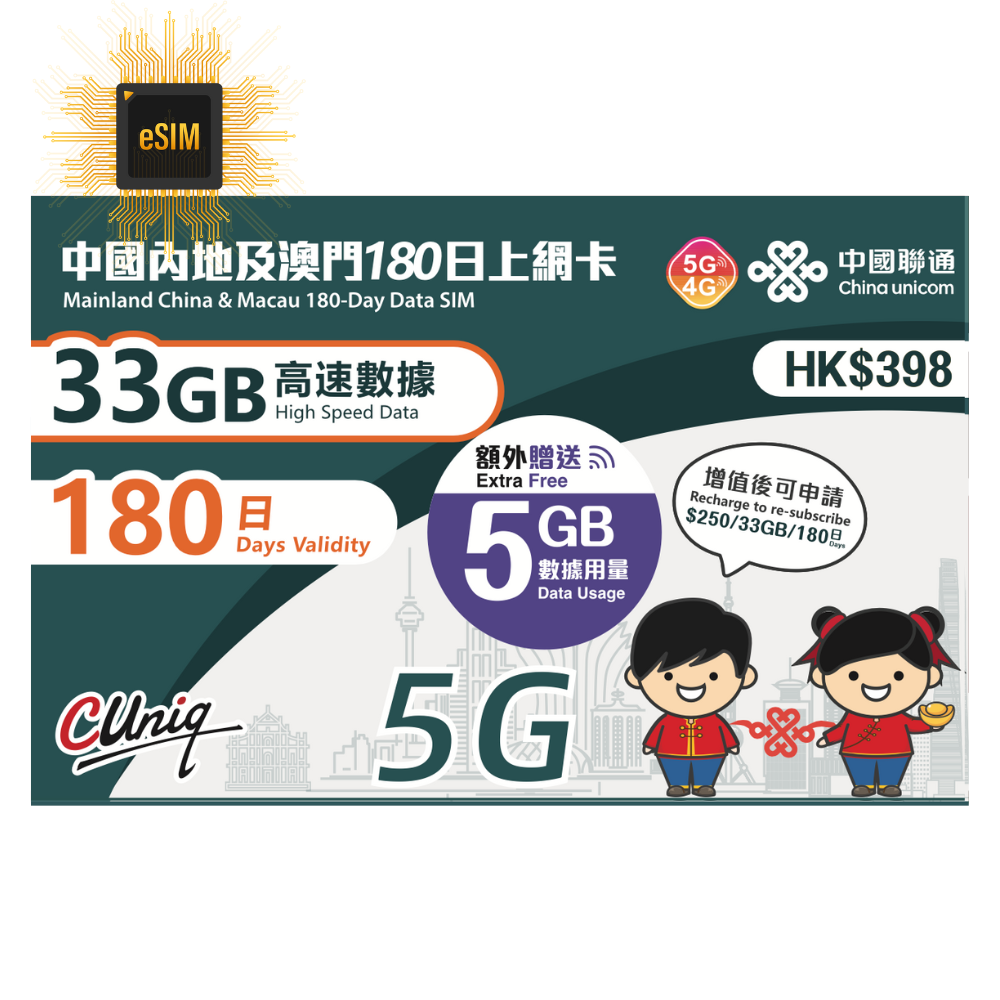 【eSim】 China, Macau【180 days 33GB】 5G speed