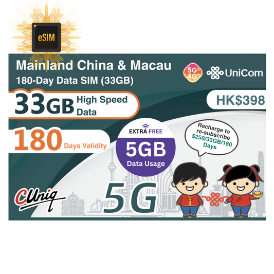 【eSim】 China, Macau【180 days 33GB】 5G speed