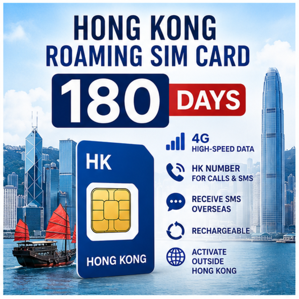 Hong Kong Roaming SIM Card 180 Days | 4G High-Speed Data | HK Number for Calls & SMS | Receive SMS Overseas | Rechargeable | Activate Outside Hong Kong