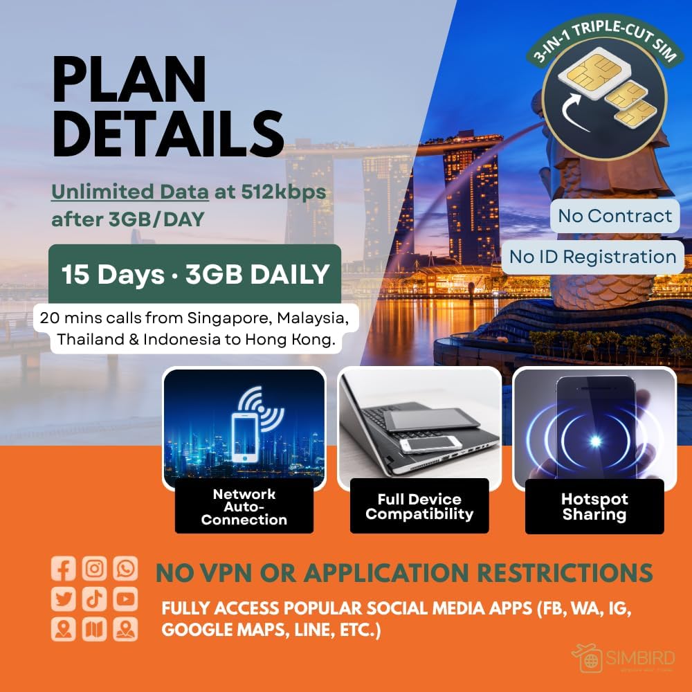 Singapore, Malaysia, Thailand and Indonesia 【2GB/day,  15days】 5G speed