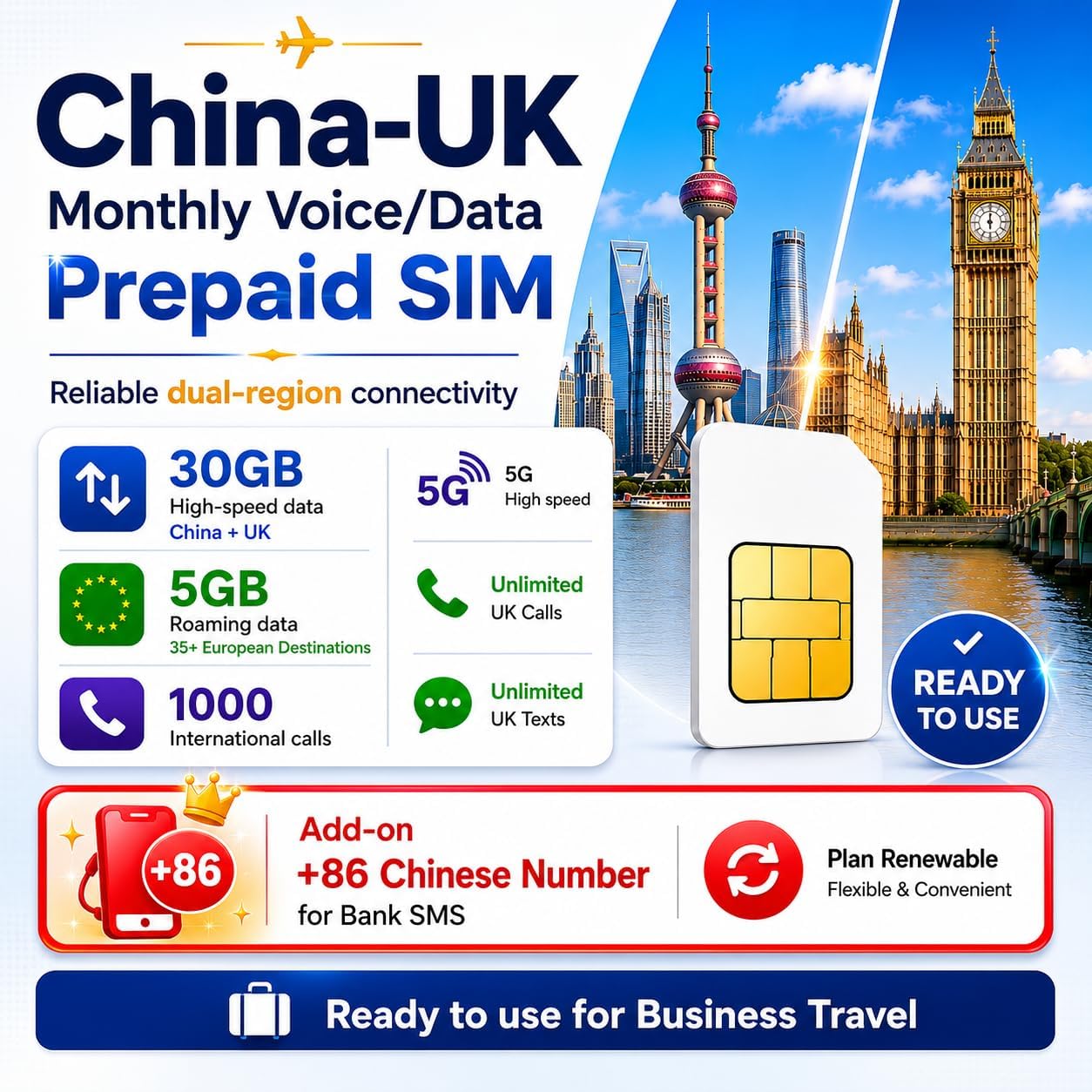 China-UK Monthly Voice/Data Prepaid SIM | 30GB(China+UK) 5GB (EU) | 1000 Int'l Mins | Plan Renewable | Add-on +86 Chinese Number