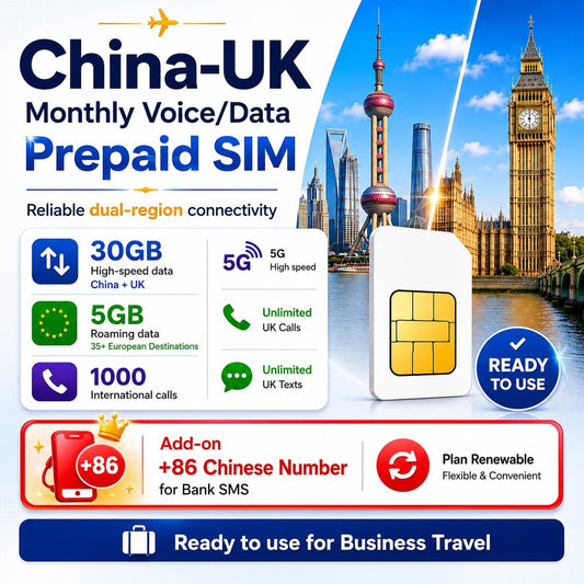 China-UK Monthly Voice/Data Prepaid SIM | 30GB(China+UK) 5GB (EU) | 1000 Int'l Mins | Plan Renewable | Add-on +86 Chinese Number