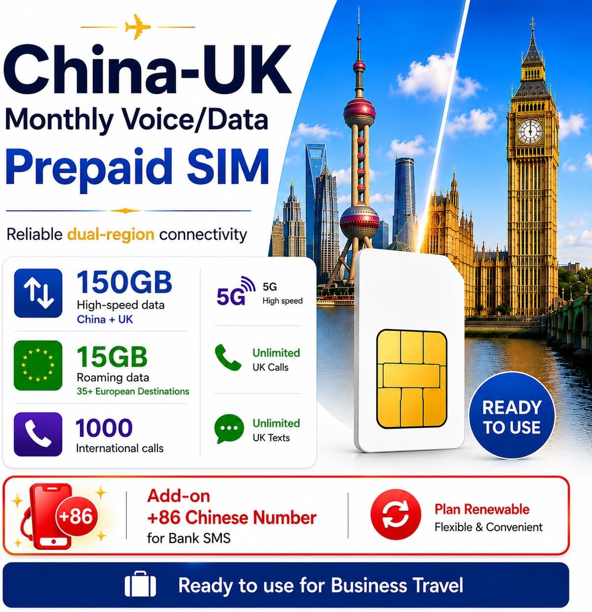 China-UK Monthly Voice/Data Prepaid SIM | 150GB(China+UK) 15GB (EU) | 1000 Int'l Mins | Plan Renewable | Add-on +86 Chinese Number