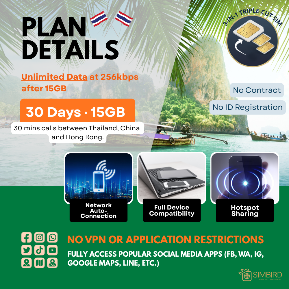 Thailand Prepaid Voice/Unlimited Data SIM Card (15GB, 30 Days)