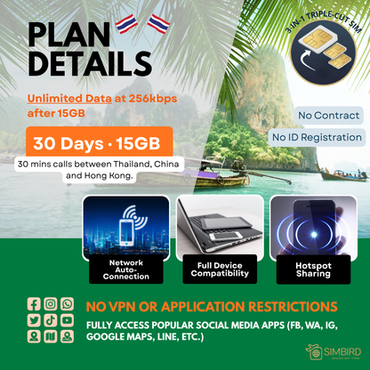 Thailand Prepaid Voice/Unlimited Data SIM Card (15GB, 30 Days)