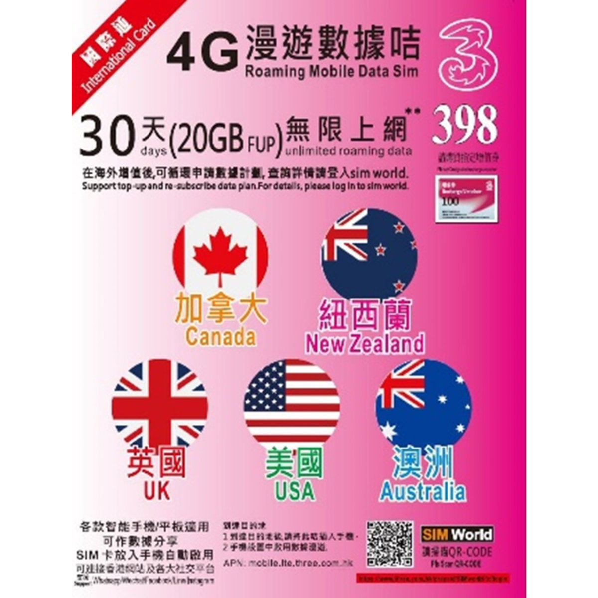 UK/USA/Canada/Australia/New Zealand [20GB for 30 days] 4G speeds