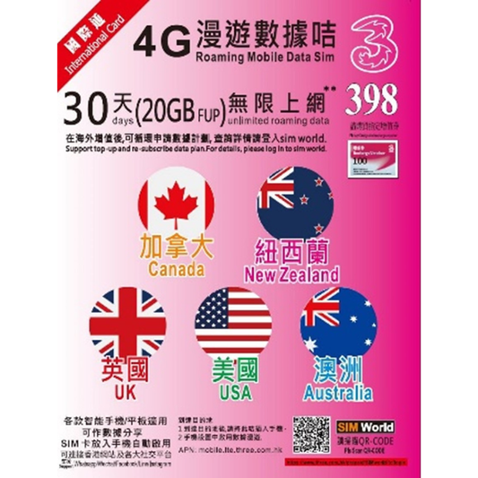 UK/USA/Canada/Australia/New Zealand [20GB for 30 days] 4G speeds